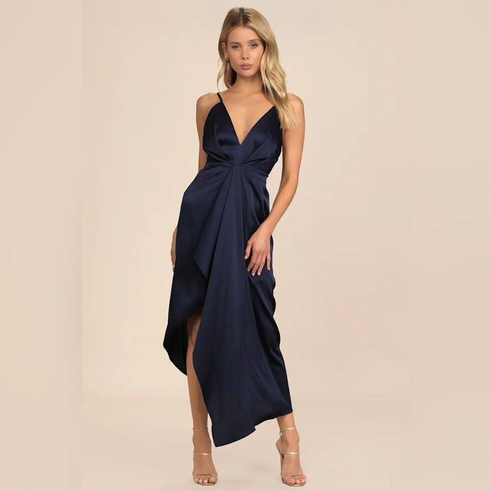 Lulus Caught Feelings Navy Blue Satin Ruffled Midi Dress